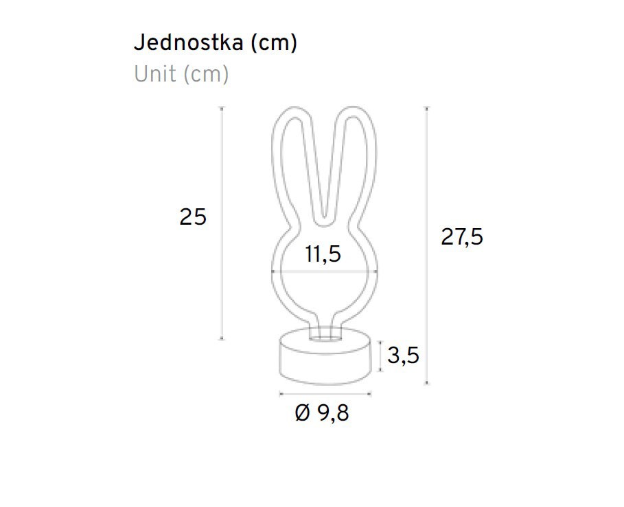 Królik lampka nocna LED, biała, o wysokości 25 cm i średnicy podstawy 9,8 cm. W kształcie królika, z prostymi liniami, na okrągłej podstawie. Emituje ciepłe światło 3000K, idealna do pokoju dziecięcego.