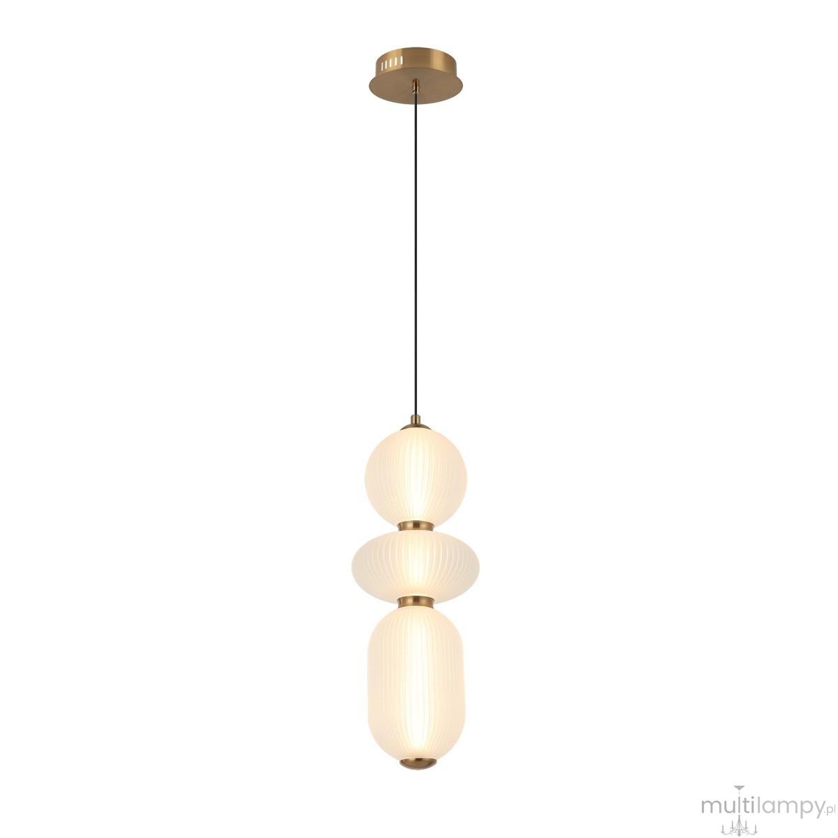 Lampa wisząca Nico z trzema źródłami LED 15W, w kolorze złotym z białymi kloszami. Ułożona pionowo, składa się z trzech okrągłych i owalnych elementów, zawieszona na cienkim przewodzie. Prosta, elegancka forma, na jasnym tle.