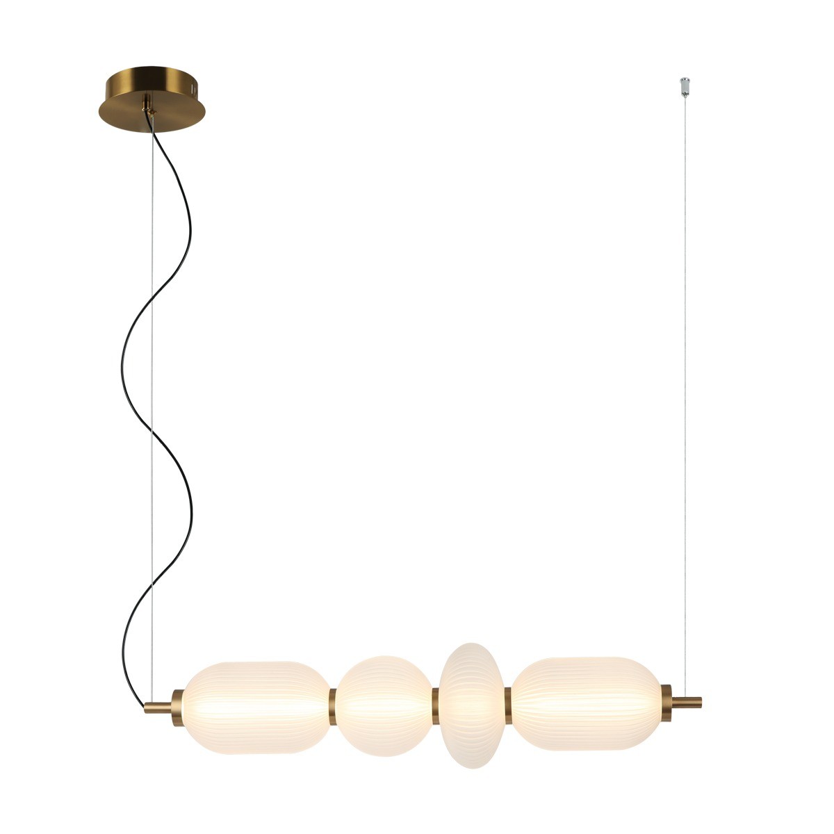 Lampa wisząca Nico z 4 źródłami światła LED 18W w złotym kolorze. Posiada biały klosz z teksturą w formie owalnych elementów, zawieszona na cienkim, czarnym przewodzie. Montaż sufitowy, minimalistyczny styl, idealna do nowoczesnych wnętrz.