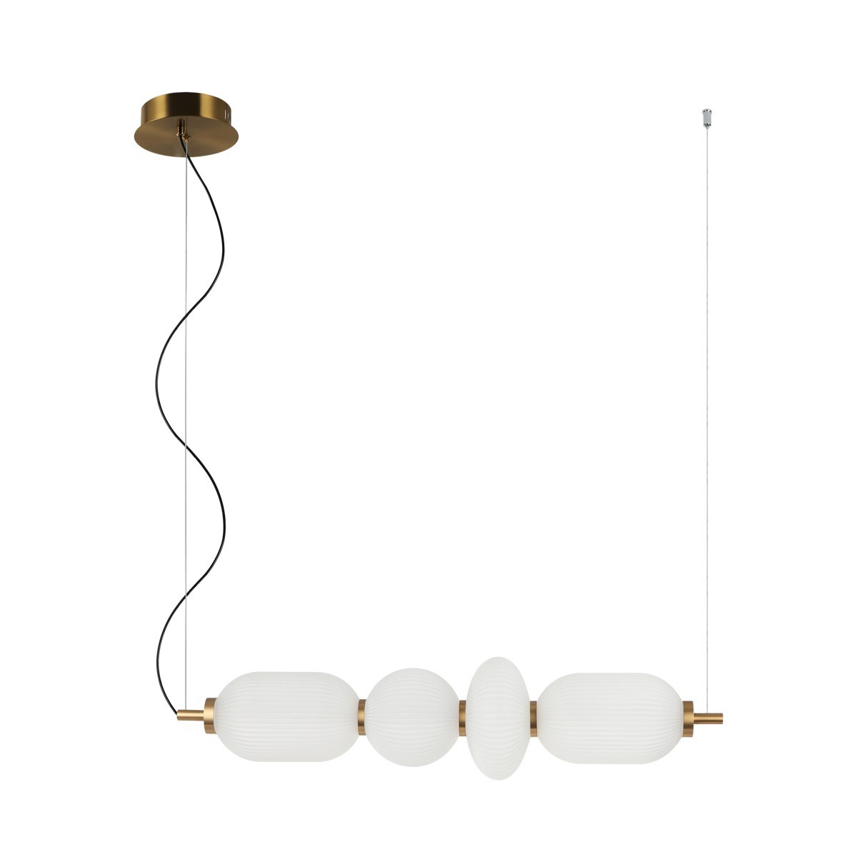 Lampa wisząca Nico z czterema źródłami LED 18W w kolorze złotym i białym. Posiada okrągły, złoty sufitowy uchwyt oraz cztery białe, teksturowane klosze w różnych kształtach, zawieszone na cienkim przewodzie.