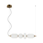 Lampa wisząca Nico z czterema źródłami LED 18W w kolorze złotym i białym. Posiada okrągły, złoty sufitowy uchwyt oraz cztery białe, teksturowane klosze w różnych kształtach, zawieszone na cienkim przewodzie.