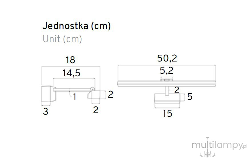 Kinkiet łazienkowy Lappa LED w kolorze chromu, o wymiarach 50,2 cm (szerokość) i 5,2 cm (wysokość). Posiada prostokątną, płaską oprawę oraz dwa mocowania. Widok z boku i z góry, z wyraźnymi szczegółami wymiarów.