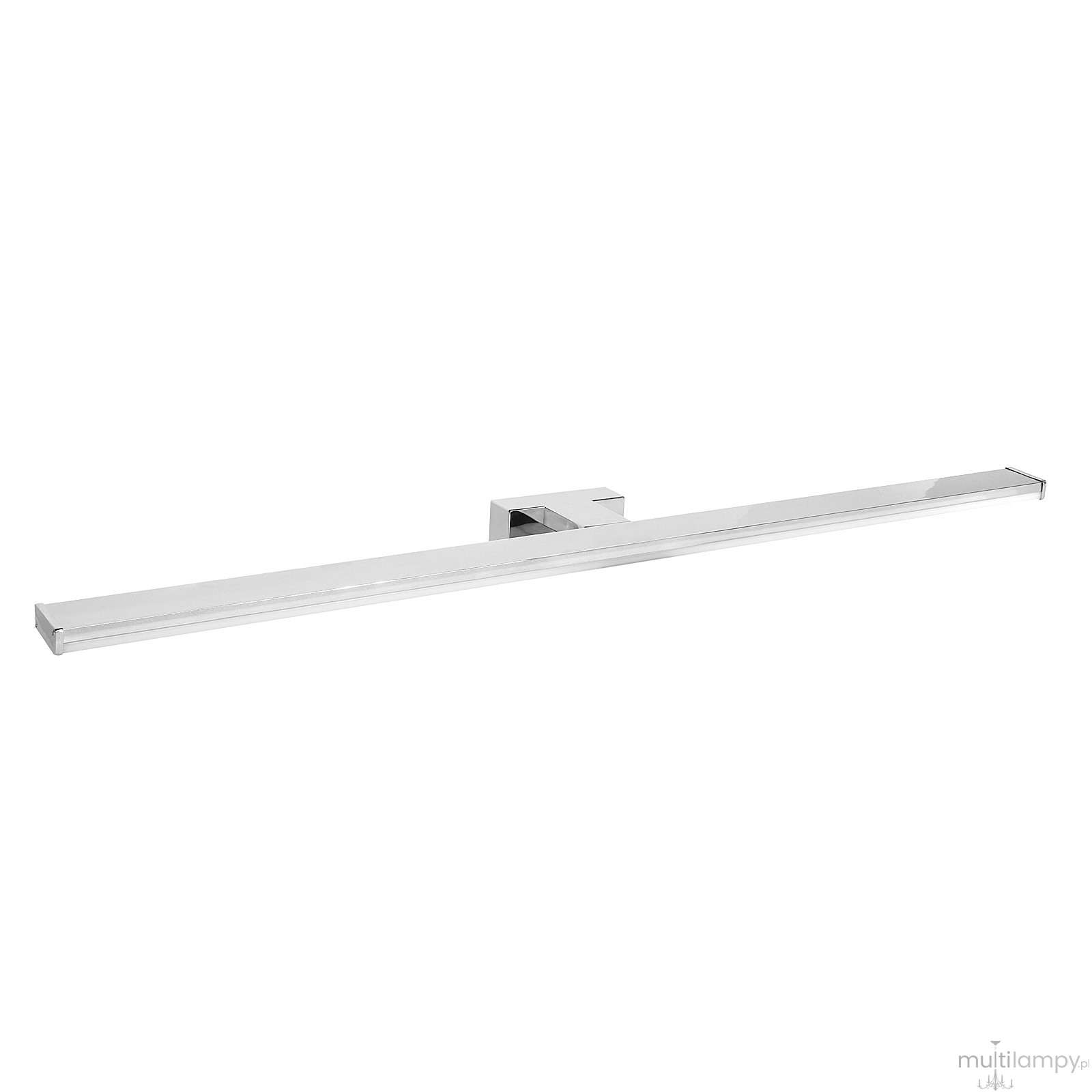 Kinkiet Slim L79 w kolorze chromu, z prostokątną, płaską obudową. Ułożony poziomo, o długości 60 cm, z diodami LED 18W, emitującymi białe światło 4000K. Przeznaczony do montażu na ścianie w łazience, minimalistyczny design.