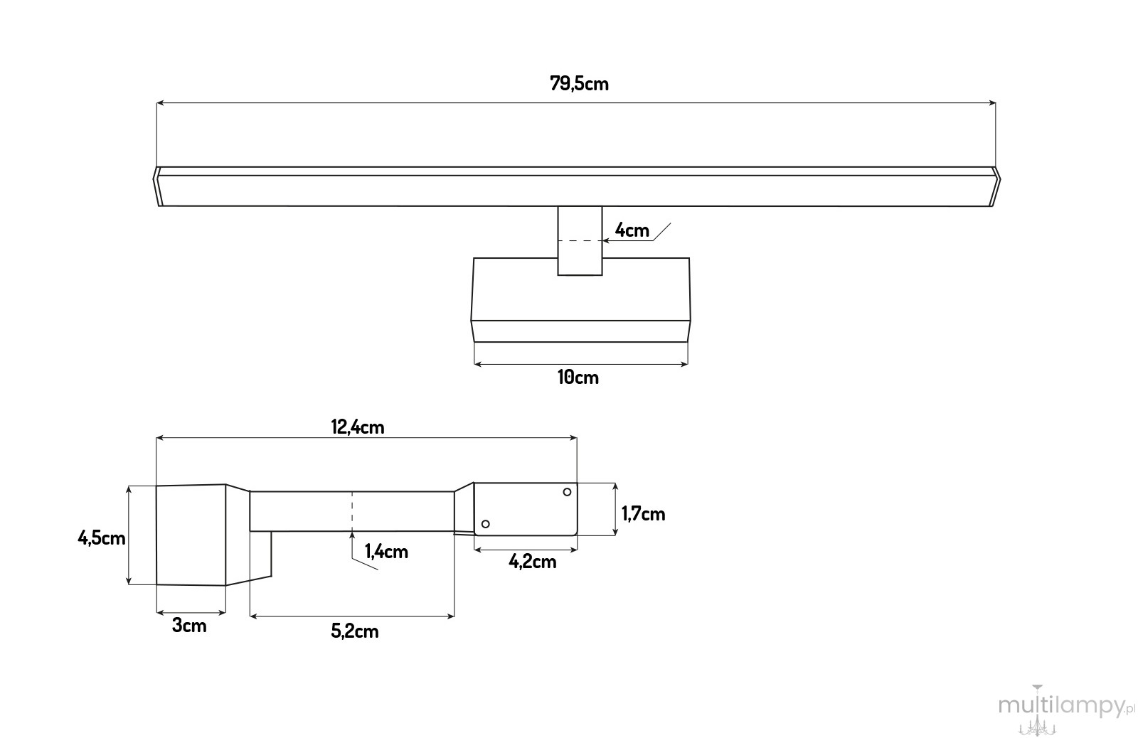 Kinkiet łazienkowy Slim L79 LED 18W 4000K w kolorze chromu, z prostokątną, płaską obudową długości 79,5 cm i szerokości 12,4 cm. Zawiera mocowanie o wymiarach 10 x 4 cm, zamontowany w poziomie. Idealny do oświetlenia lustra.