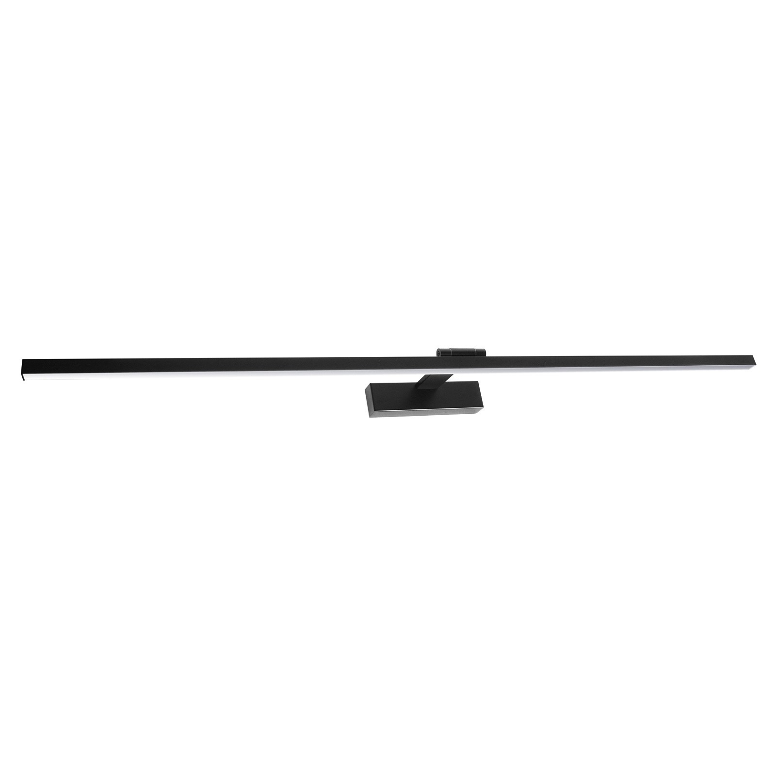 Czarny kinkiet łazienkowy LED Lappa o długości 120 cm i mocy 22W. Posiada prostokątną podstawę i smukły, minimalistyczny design. Ujęcie frontalne, produkt zamontowany poziomo, idealny do oświetlenia obrazów.
