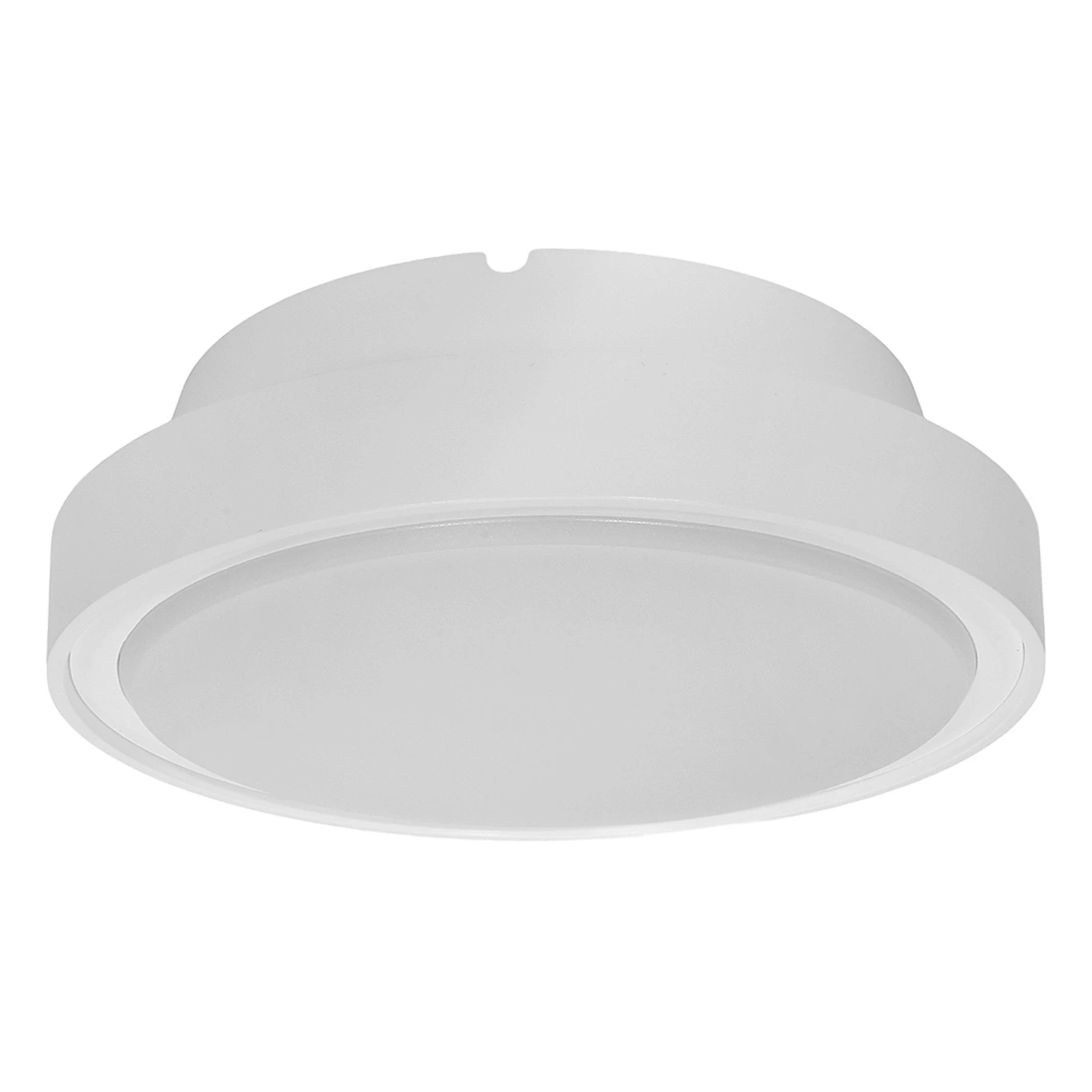 Lampa sufitowa zewnętrzna Rotonda w kolorze białym, okrągła, z miejscem na dwie żarówki E27. Posiada czujnik ruchu. Zainstalowana w pozycji wiszącej, z gładką, matową powierzchnią.