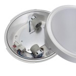 Lampa sufitowa Rotonda zewnętrzna w kolorze białym, z miejscem na dwa gwinty E27. Widok z góry, ukazujący wnętrze lampy z czujnikiem ruchu, przewodami oraz metalową podstawą. Okrągły kształt z przezroczystą osłoną.