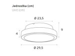 Lampa sufitowa zewnętrzna Rotonda w kolorze białym, z czujnikiem ruchu. Okrągły kształt, średnica 29,5 cm, wysokość 9 cm. Widoczna średnica oprawy 23,5 cm, grubość 4 cm. Przeznaczona do montażu na suficie.