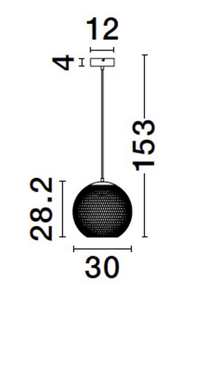 Lampa wisząca Rita z czarną, okrągłą osłoną o średnicy 30 cm i wysokości 28,2 cm, zawieszona na cienkim przewodzie o długości 153 cm. Posiada jedno źródło LED 12W. Widoczna jest struktura siatki na obudowie.