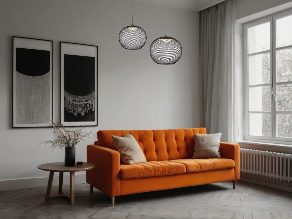 Czarna lampa wisząca Rita z 1xLED 19W, o okrągłym kształcie i siateczkowej strukturze, zawieszona nad pomarańczową sofą w nowoczesnym wnętrzu. Lampa podkreśla styl aranżacji, w otoczeniu obrazów na ścianie i drewnianym stoliku.