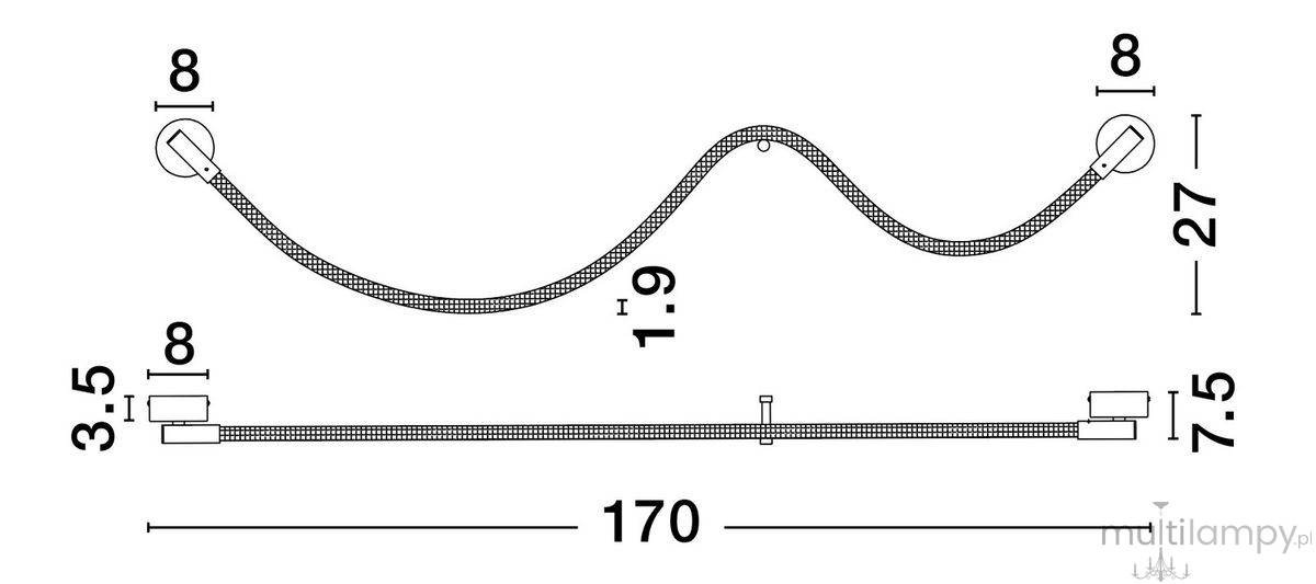 Cura kinkiet 1xLED 14W w kolorze czarnym, o zaokrąglonych krawędziach. Wymiary: długość 170 mm, wysokość 27 mm, głębokość 7,5 mm. Elastyczny kształt z delikatnym wygięciem, mocowany do ściany za pomocą dwóch okrągłych uchwytów.