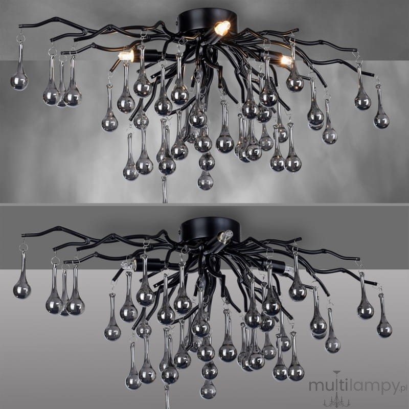Lampa sufitowa Icicle 4xG9 w kolorze czarnym, z dekoracyjnymi, szklanymi zwisami w kształcie kropli. Ujęcie z góry, ukazujące rozłożyste, metalowe ramiona oraz stylowy design, idealna do nowoczesnych wnętrz.