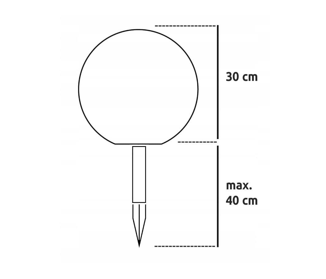 Ballo lampa solarna ogrodowa z białą, okrągłą głowicą o średnicy 30 cm i maksymalnej wysokości 65 cm. Produkt z końcówką do wbijania w ziemię, idealny do oświetlenia przestrzeni zewnętrznych.