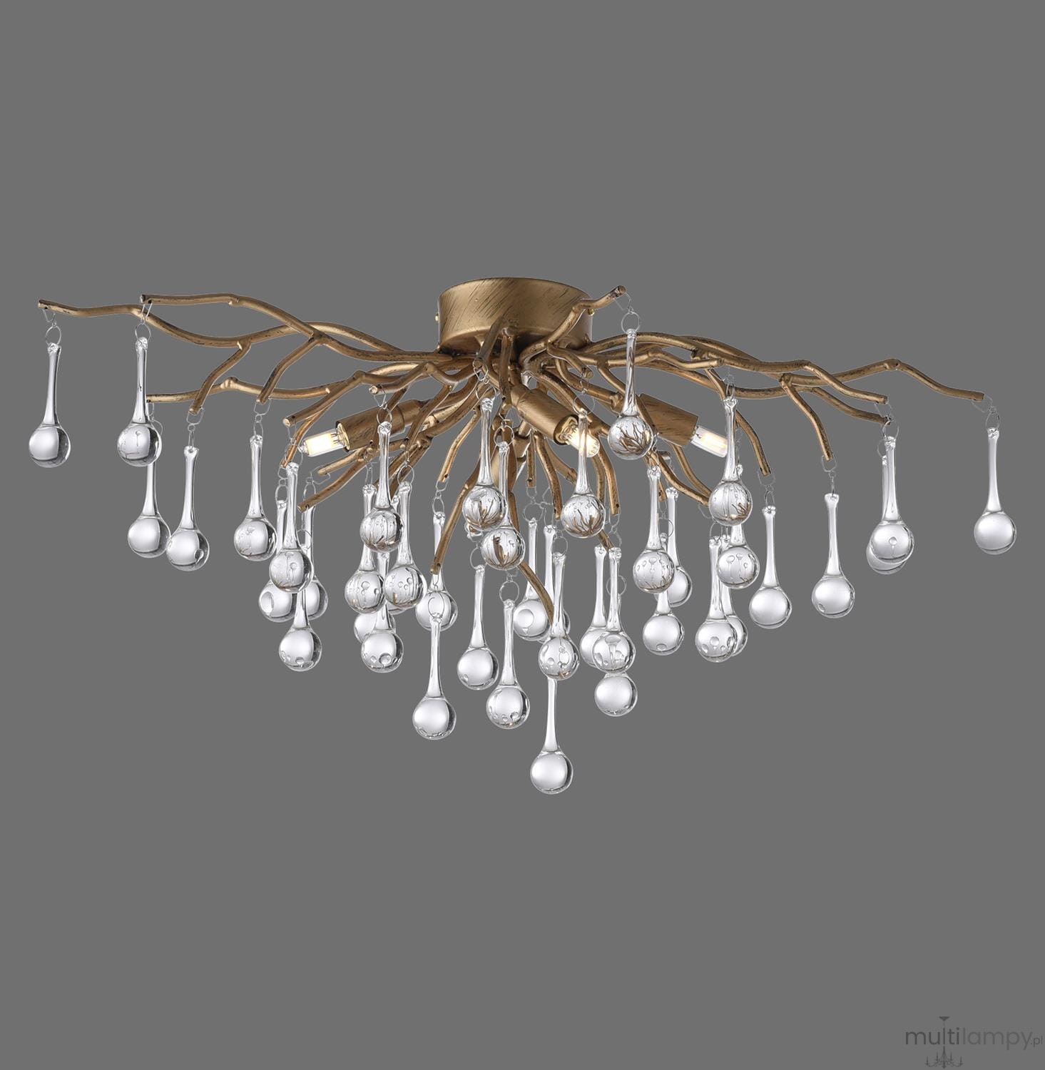Lampa sufitowa Icicle 4xG9 w postarzanym mosiądzu, z dekoracyjnymi szklanymi kroplami w różnych kształtach. Ułożona w formie gałęzi, z widocznymi detalami, zawieszona na jednolitym tle.