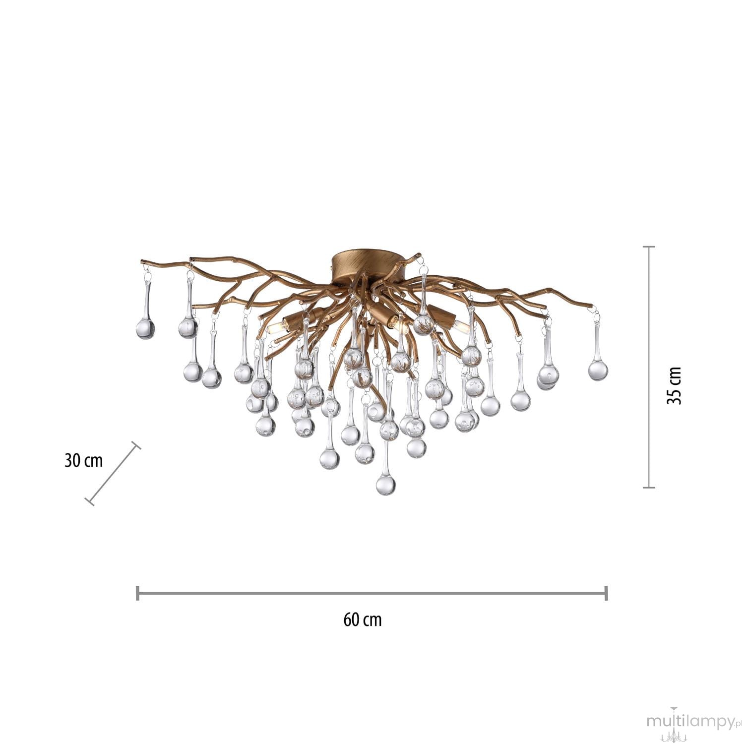 Lampa sufitowa Icicle w postarzanym mosiądzu z czterema gniazdami G9. Ozdobna konstrukcja w kształcie gałęzi z przezroczystymi szklanymi kulkami. Wymiary: 60 cm szerokości, 30 cm wysokości, 35 cm głębokości.