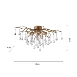 Lampa sufitowa Icicle w postarzanym mosiądzu z czterema gniazdami G9. Ozdobna konstrukcja w kształcie gałęzi z przezroczystymi szklanymi kulkami. Wymiary: 60 cm szerokości, 30 cm wysokości, 35 cm głębokości.