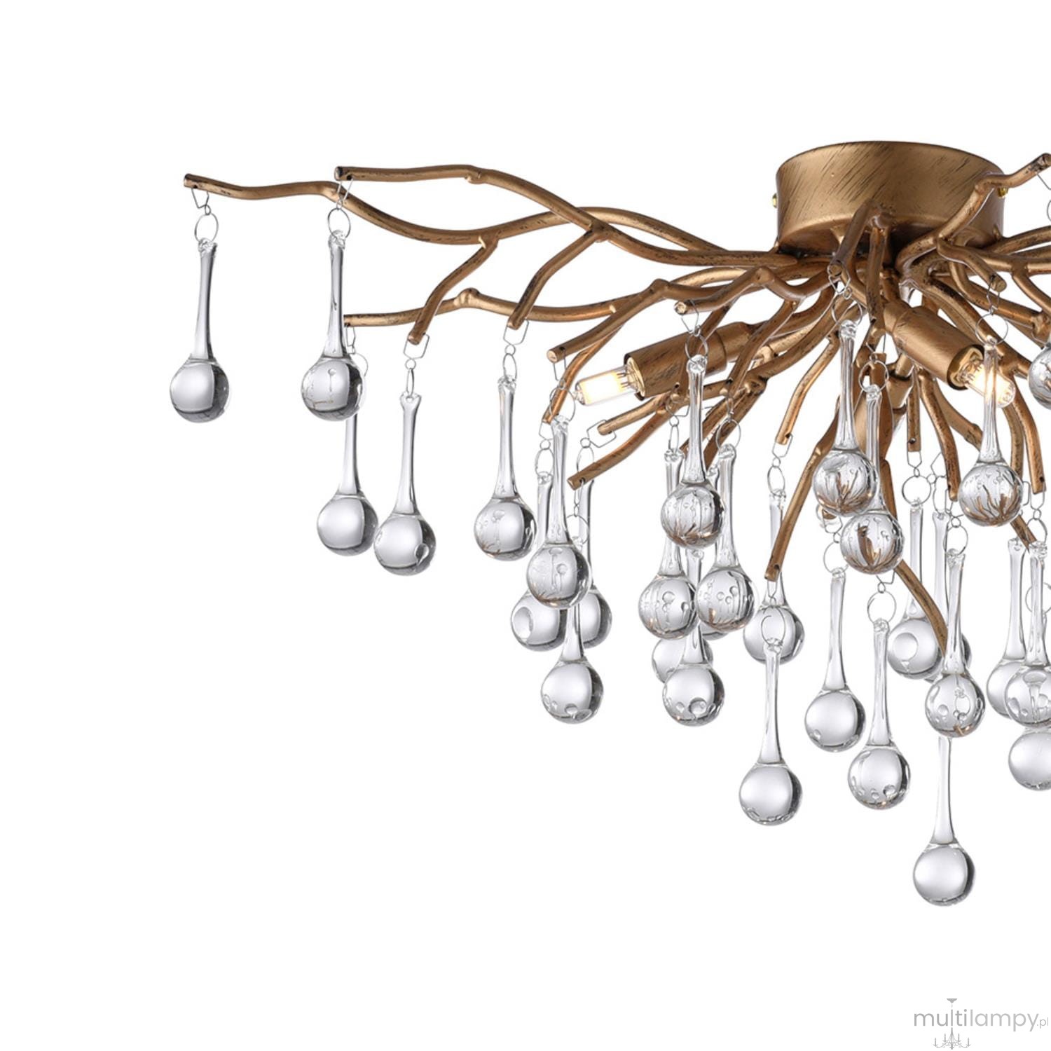 Lampa sufitowa Icicle 4xG9 w postarzanym mosiądzu z dekoracyjnymi, szklanymi kroplami. Kształt przypominający gałęzie z wiszącymi elementami w różnych rozmiarach, tworzy elegancki efekt świetlny. Montaż sufitowy, widok z boku.