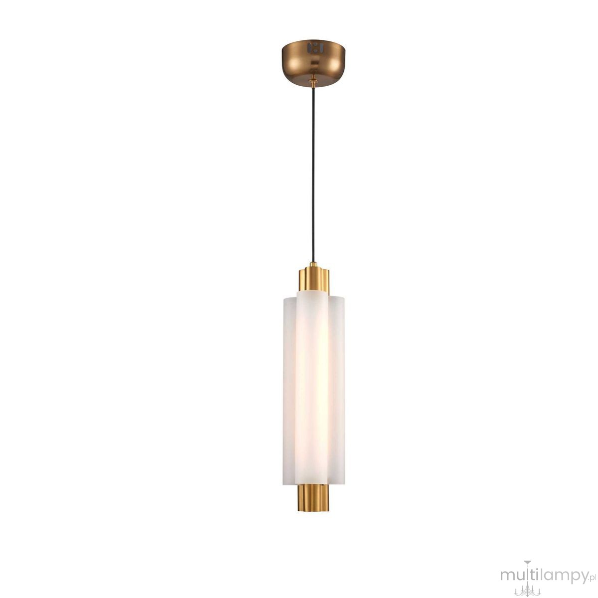 Lampa wisząca LED Osmo 9W w kolorze mosiądzu, z oprawą z białego, matowego szkła. Posiada cylindryczny kształt, zawieszona na cienkim przewodzie, z metalowym mocowaniem sufitowym. Światło o temperaturze 3000K.