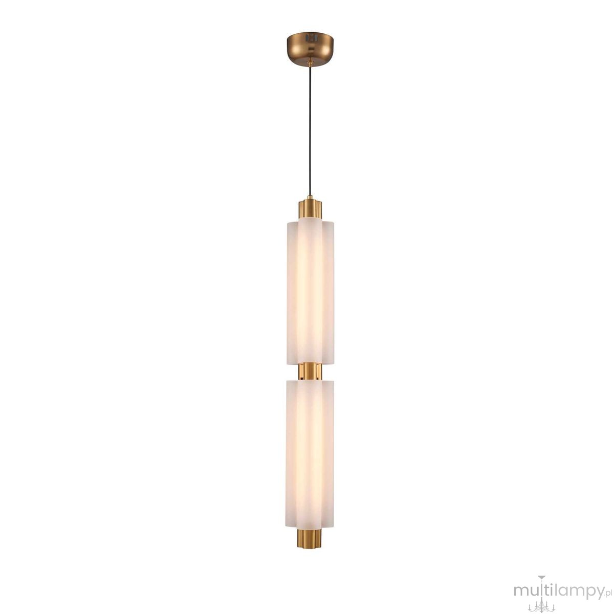 Lampa wisząca LED Osmo 15W w kolorze mosiądzu, z dwiema szklanymi, mlecznymi kloszami w cylindrycznym kształcie. Produkt zawieszony na cienkim kablu, z sufitowym mocowaniem w mosiężnym wykończeniu. Temperatura barwowa 3000K.