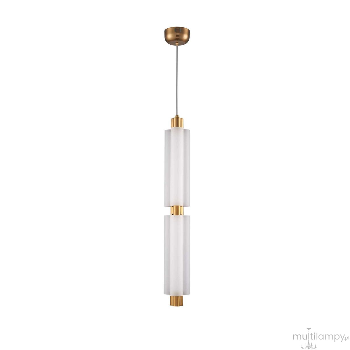 Lampa wisząca LED Osmo 15W 3000K w kolorze mosiądzu, z dwoma prostokątnymi kloszami z mlecznego szkła, zawieszona na cienkim przewodzie. Klosze umieszczone są na mosiężnych elementach, co nadaje elegancki wygląd.