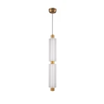 Lampa wisząca LED Osmo 15W 3000K w kolorze mosiądzu, z dwoma prostokątnymi kloszami z mlecznego szkła, zawieszona na cienkim przewodzie. Klosze umieszczone są na mosiężnych elementach, co nadaje elegancki wygląd.