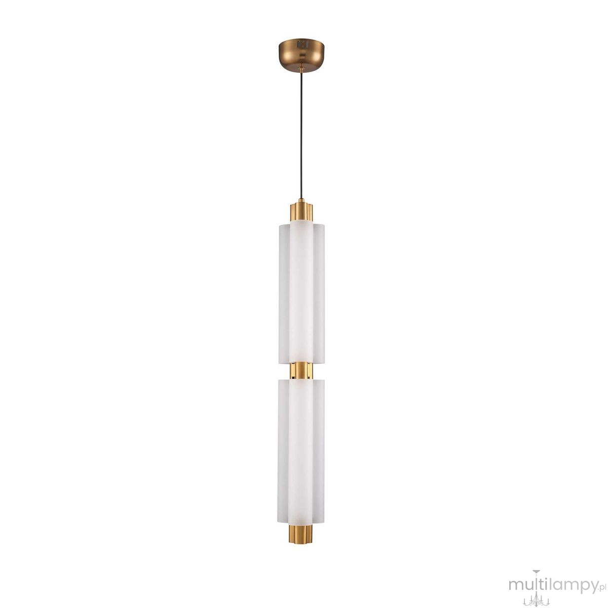 Lampa wisząca LED Osmo 15W 3000K w kolorze mosiądzu, z dwiema matowymi, cylindrycznymi osłonami, zawieszona na cienkim przewodzie. Kąt ujęcia frontalny, na białym tle, ukazuje elegancki design i nowoczesny styl.