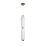 Lampa wisząca LED Osmo 15W 3000K w kolorze mosiądzu, z dwiema matowymi, cylindrycznymi osłonami, zawieszona na cienkim przewodzie. Kąt ujęcia frontalny, na białym tle, ukazuje elegancki design i nowoczesny styl.