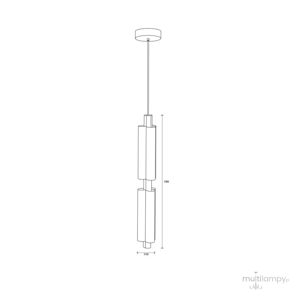 Lampa wisząca LED Osmo 15W w kolorze mosiądzu, z dwiema cylindrycznymi osłonami. Wymiary: długość 780 mm, średnica 110 mm. Zawieszona na cienkim drucie, idealna do nowoczesnych wnętrz.