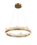 Lampa wisząca LED Montana 26W 3000K w złotym kolorze, o okrągłym kształcie z przezroczystymi, teksturowanymi elementami. Zawieszona na cienkich linkach, z okrągłym metalowym mocowaniem. Idealna do nowoczesnych wnętrz.