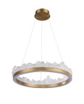 Lampa wisząca LED Montana 26W 3000K w kolorze złotym z przezroczystym, teksturowanym kloszem. Okrągła forma z ozdobnymi, nieregularnymi krawędziami. Zawieszona na cienkich linkach, montowana do sufitu.