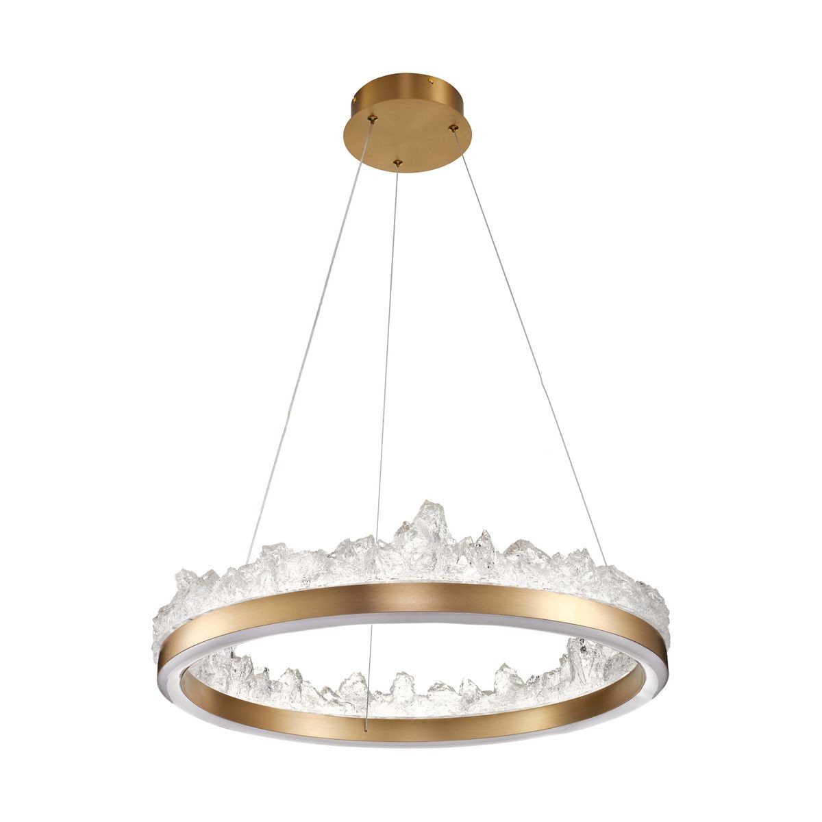 Lampa wisząca LED Montana 26W 3000K w kolorze złotym, z okrągłym, metalowym stelażem i przezroczystym, teksturowanym kloszem, zawieszona na cienkich żyłkach. Widoczny efekt przypominający lodowe formacje na krawędzi klosza.