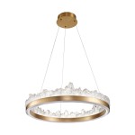 Lampa wisząca LED Montana 26W 3000K w kolorze złotym, z okrągłym, metalowym stelażem i przezroczystym, teksturowanym kloszem, zawieszona na cienkich żyłkach. Widoczny efekt przypominający lodowe formacje na krawędzi klosza.