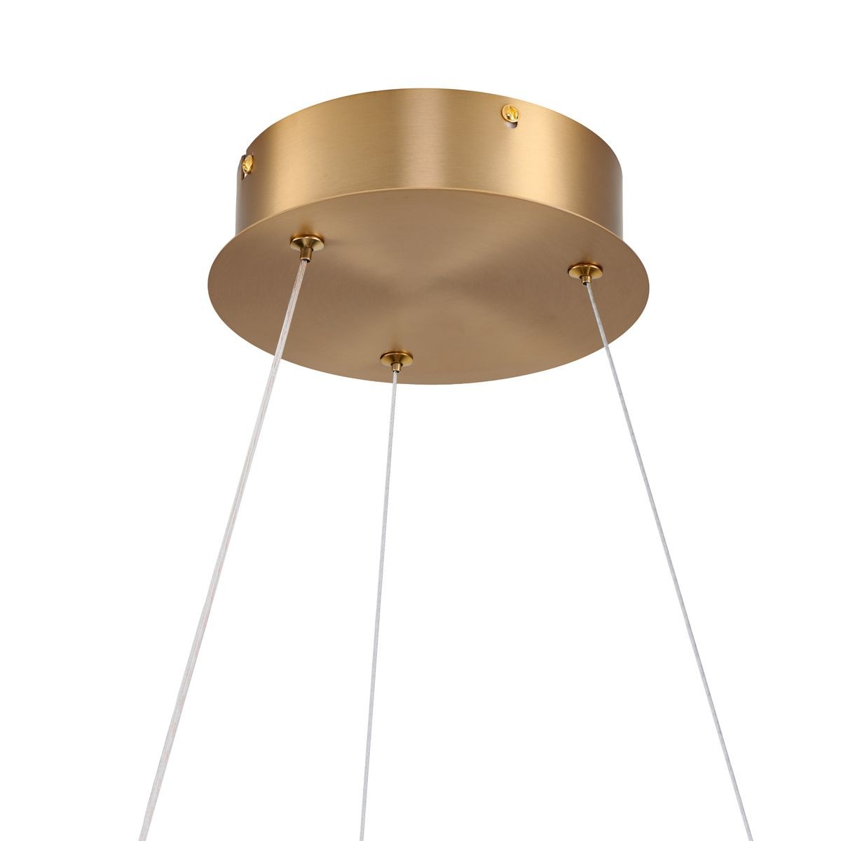 Lampa wisząca LED Montana 26W w kolorze złotym, z okrągłym, matowym kloszem. Zawieszona na dwóch białych linkach, z widocznymi mocowaniami. Kąt ujęcia od dołu, ukazujący detale konstrukcji. Proste tło, podkreślające elegancki design.
