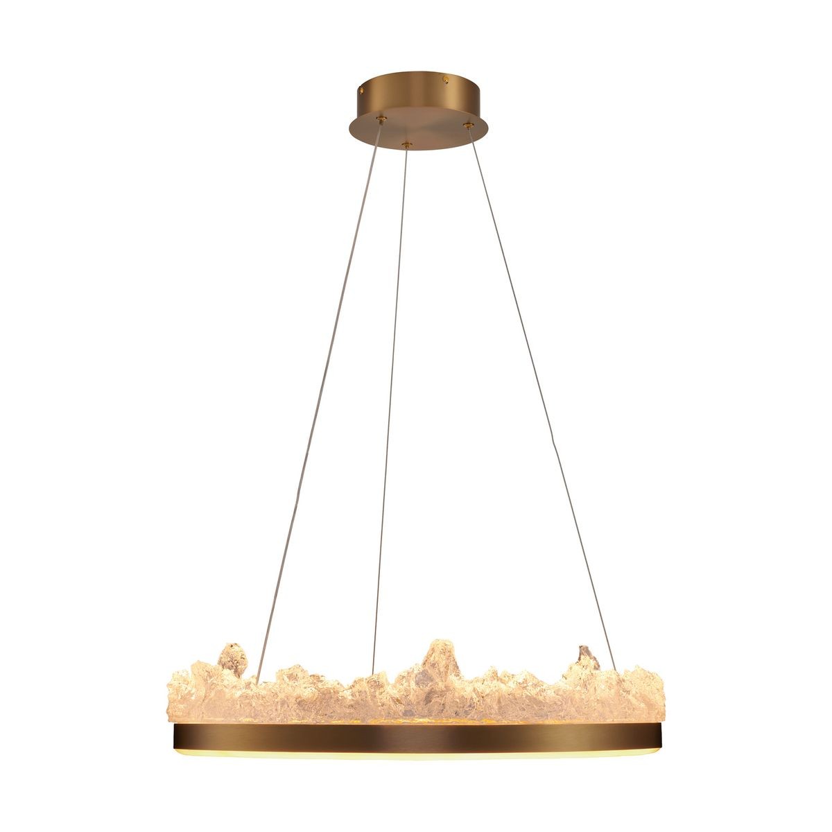 Lampa wisząca LED Montana 26W 3000K w kolorze złotym. Okrągła podstawa z metalowym wykończeniem, zawieszona na cienkich żyłkach. Górna część ozdobiona przezroczystym akrylem imitującym kryształ, emitującym ciepłe światło.