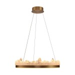 Lampa wisząca LED Montana 26W 3000K w kolorze złotym. Okrągła podstawa z metalowym wykończeniem, zawieszona na cienkich żyłkach. Górna część ozdobiona przezroczystym akrylem imitującym kryształ, emitującym ciepłe światło.