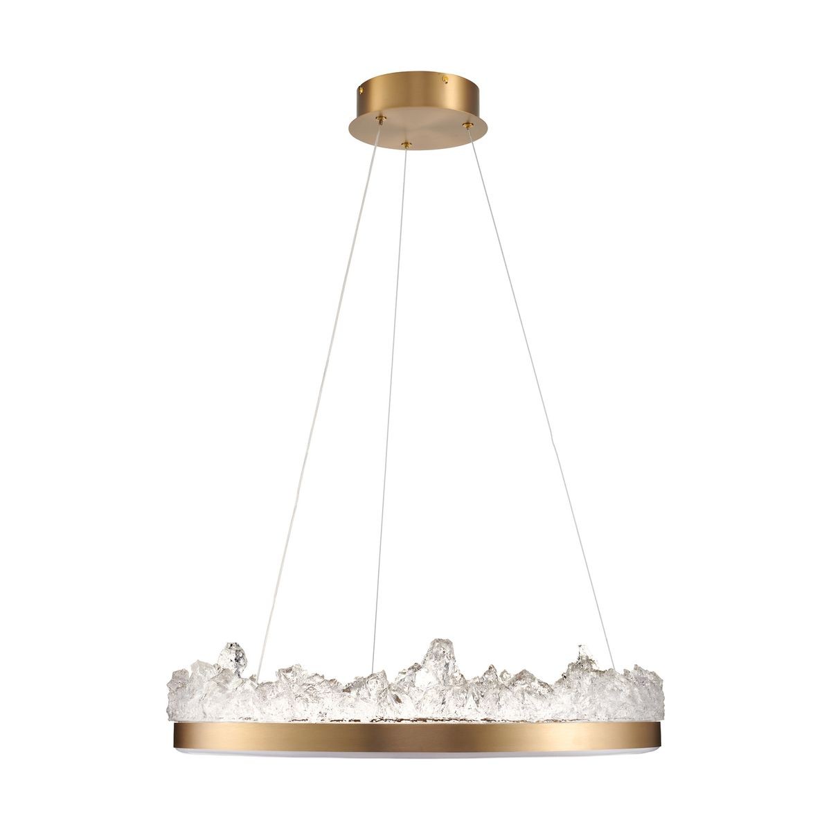 Lampa wisząca LED Montana 26W w kolorze złotym, z przezroczystym kloszem imitującym kryształowe formy. Całość zawieszona na cienkich linkach, z okrągłą podstawą. Barwa światła 3000K, idealna do nowoczesnych wnętrz.