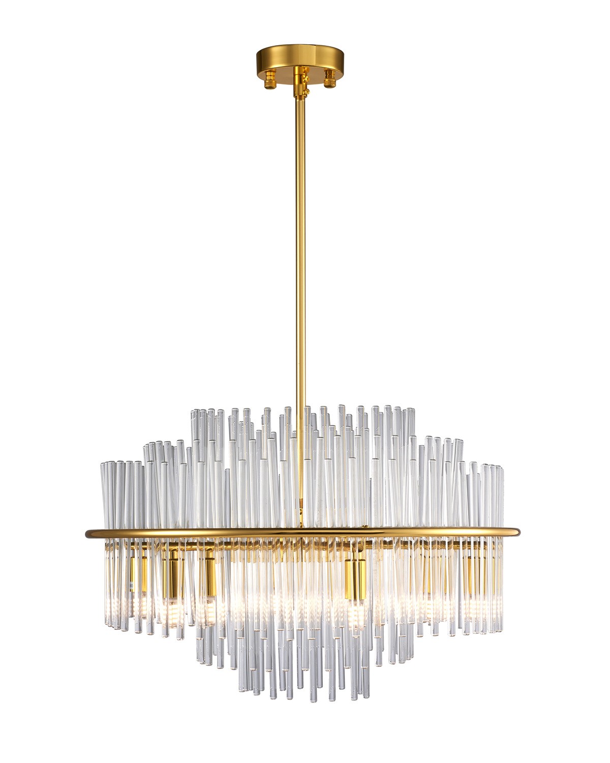Lampa wisząca Luxoria z 10 źródłami światła G9, złota konstrukcja z metalowym stelażem i przezroczystymi, szklanymi elementami w formie rur. Ujęcie z boku, wisząca na cienkim wsporniku, umieszczona na jednolitym tle.