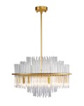 Lampa wisząca Luxoria z 10 źródłami światła G9, złota konstrukcja z metalowym stelażem i przezroczystymi, szklanymi elementami w formie rur. Ujęcie z boku, wisząca na cienkim wsporniku, umieszczona na jednolitym tle.