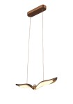 Lampa wisząca LED Gufo 6W 3000K w kolorze różowego złota. Posiada eleganckie, zaokrąglone ramiona przypominające skrzydła oraz centralną kulę. Zawieszona na dwóch cienkich linkach, montowana do sufitu, idealna do nowoczesnych wnętrz.