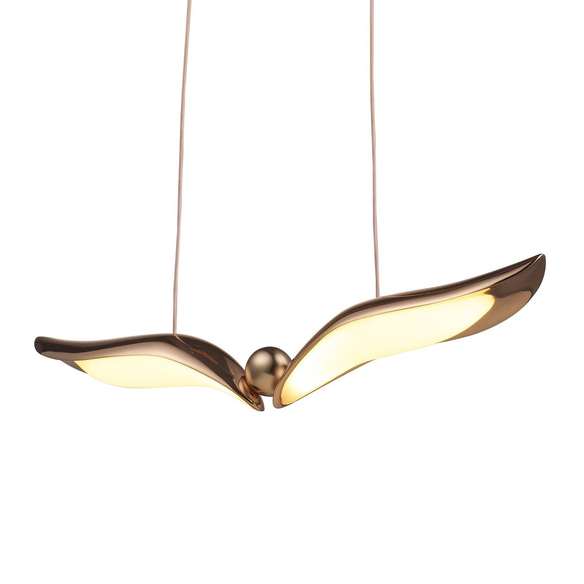 Lampa wisząca LED Gufo 6W 3000K w kolorze różowego złota, z dwoma falistymi kloszami i kulistym elementem centralnym. Zawieszona na cienkich przewodach, prezentuje nowoczesny design, idealna do wnętrz.