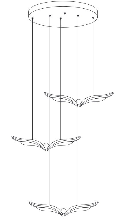 Lampa wisząca LED Gufo 20W 3000K w kolorze różowego złota. Ma formę trzech skrzydeł, zawieszonych na cienkich linkach, z okrągłą podsufitką. Produkt ma nowoczesny design, idealny do dekoracji wnętrz.