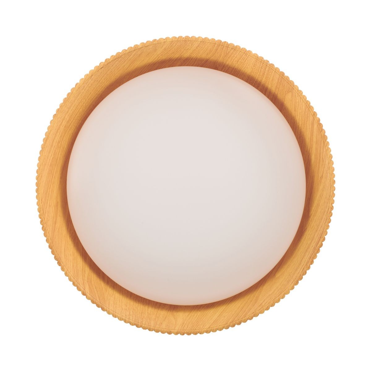Lampa sufitowa LED Frill 21W, okrągła, z białym matowym kloszem i drewnianą ramą w kolorze jasnego drewna. Ujęcie z góry, pokazujące szczegóły krawędzi z dekoracyjnym wzorem. Temperatura barwowa 3000K.
