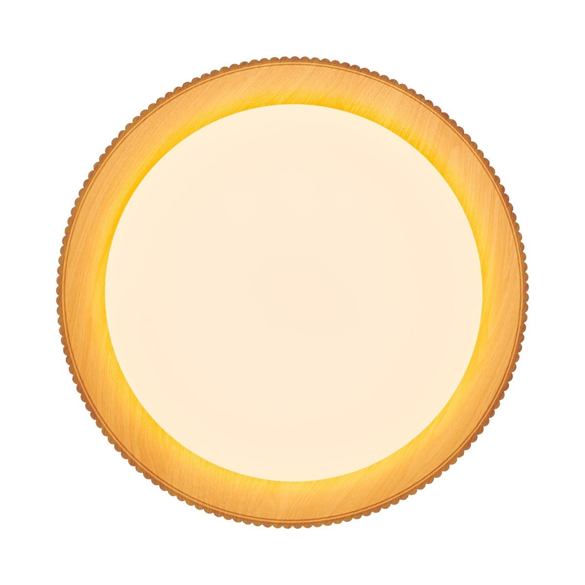 Lampa sufitowa LED Frill 21W 3000K w białym kolorze z okrągłym, matowym kloszem i drewnianą ramką. Ujęcie z góry, pokazujące detal wzoru na obrzeżu. Idealna do nowoczesnych wnętrz, zapewniająca ciepłe, przyjemne światło.