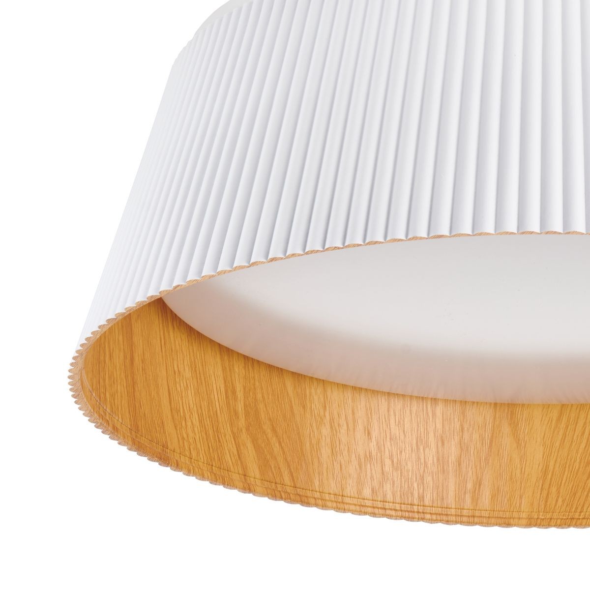 Lampa sufitowa LED Frill 21W 3000K w białym kolorze z kloszem o żłobieniach i drewnianym wykończeniem. Ujęcie z góry ukazuje detale struktury klosza oraz krawędź w kolorze drewna. Idealna do nowoczesnych wnętrz.