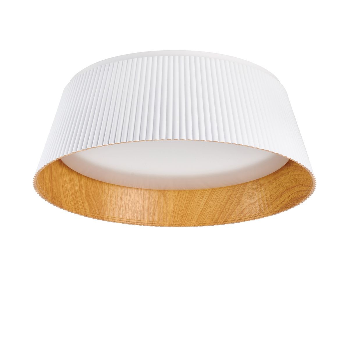 Lampa sufitowa LED Frill 21W 3000K w kolorze białym, z falistym abażurem oraz drewnianym wykończeniem. Ujęcie z dołu, pokazujące detale struktury i kształt. Idealna do nowoczesnych wnętrz, zapewniająca ciepłe światło.
