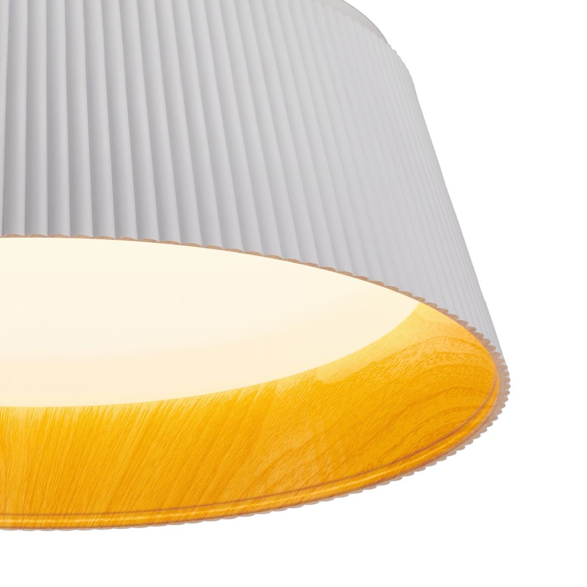 Lampa sufitowa LED Frill 21W w białym kolorze, z fałdowanym kloszem i drewnianym wykończeniem na dolnej krawędzi. Widok z góry, ukazujący jasne światło i detale faktury klosza. Idealna do nowoczesnych wnętrz.