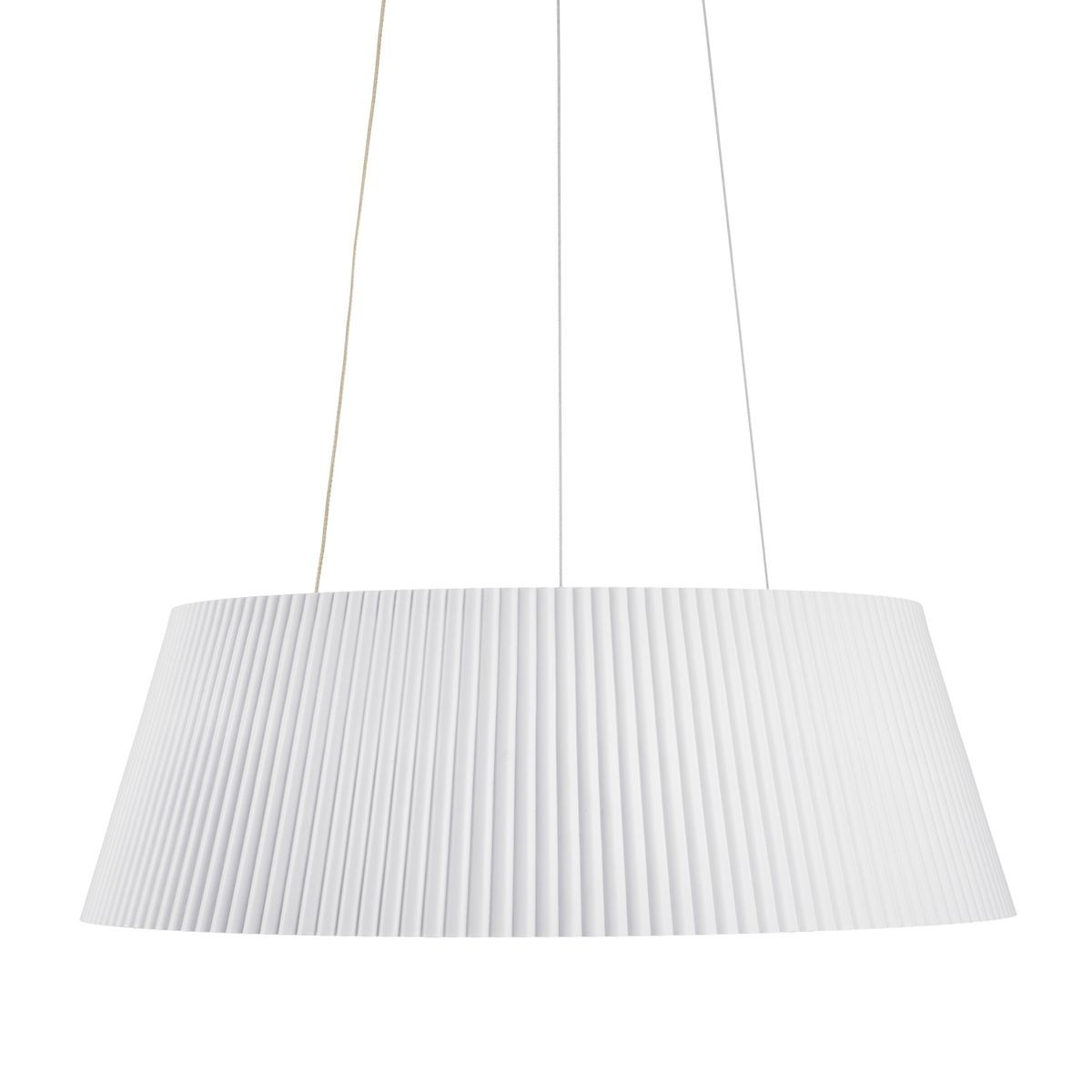 Lampa wisząca LED Frill 21W, kolor biały. Okrągły klosz z wypukłym, żłobionym wzorem, zawieszony na cienkich, białych linkach. Wymiary klosza sugerują nowoczesny design, idealny do różnych wnętrz.