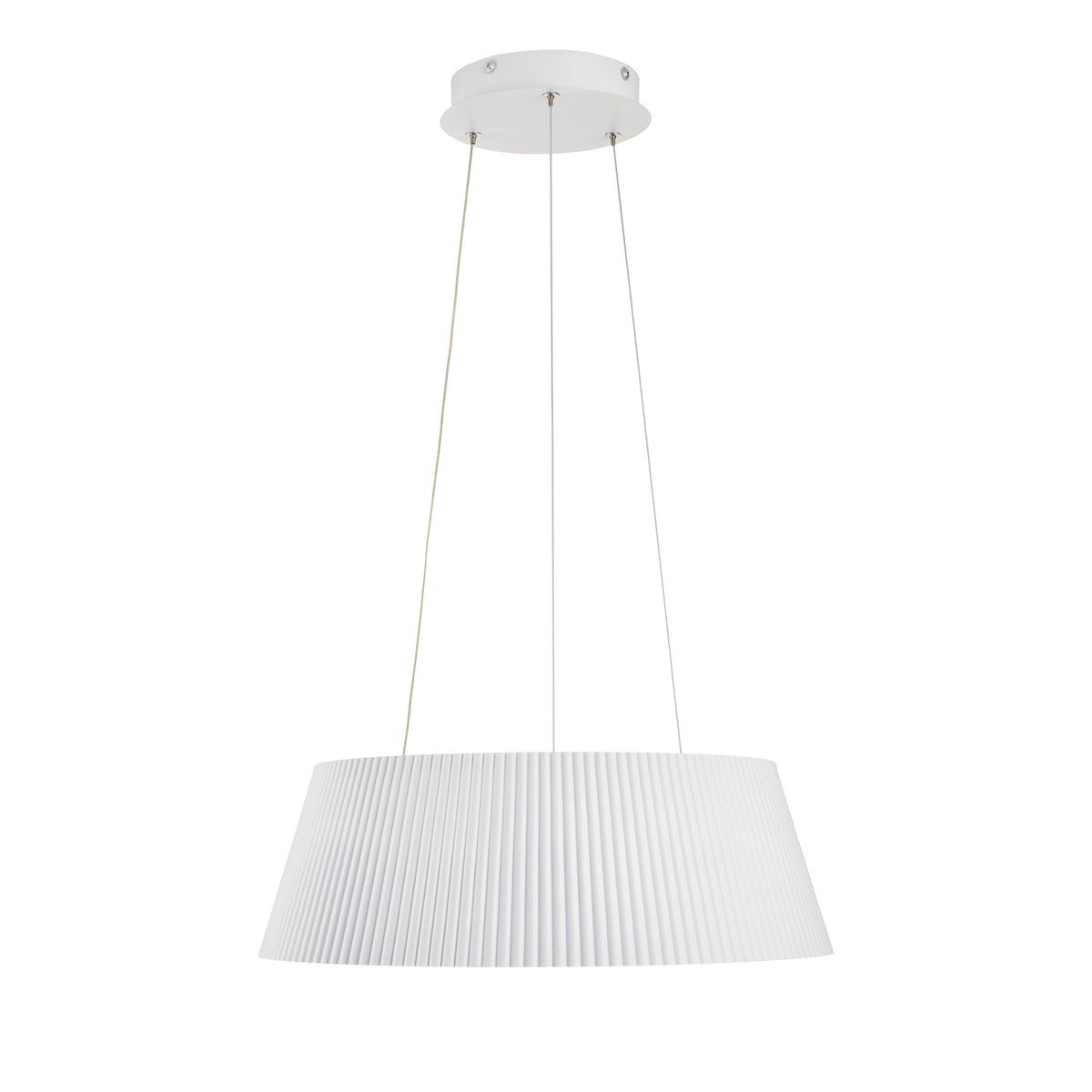 Lampa wisząca LED Frill 21W 3000K w białym kolorze z plisowanym kloszem, zawieszona na dwóch cienkich linkach. Stelaż okrągły, minimalistyczny design, idealna do nowoczesnych wnętrz. Tło białe, aby podkreślić elegancję lampy.