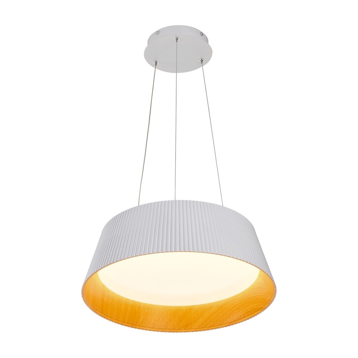 Lampa wisząca LED Frill 21W 3000K w kolorze białym z dekoracyjnym, falistym kloszem. Posiada okrągły kształt z drewnopodobnym wykończeniem wewnętrznym. Zawieszona na cienkich linkach, z metalowym mocowaniem sufitowym.