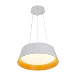 Lampa wisząca LED Frill 21W 3000K w kolorze białym z dekoracyjnym, falistym kloszem. Posiada okrągły kształt z drewnopodobnym wykończeniem wewnętrznym. Zawieszona na cienkich linkach, z metalowym mocowaniem sufitowym.